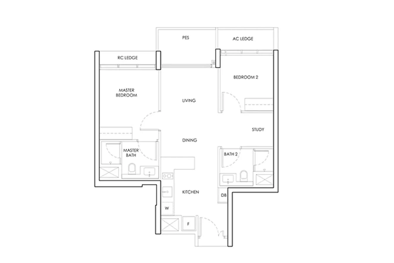 Bedok Rise Residences 2-bedroom indicative layout template — master bedroom, second bedroom, study, two bathrooms and kitchen