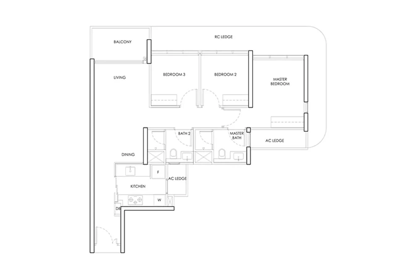 Bedok Rise Residences 3-bedroom indicative layout template — three bedrooms, two bathrooms, balcony and enclosed kitchen