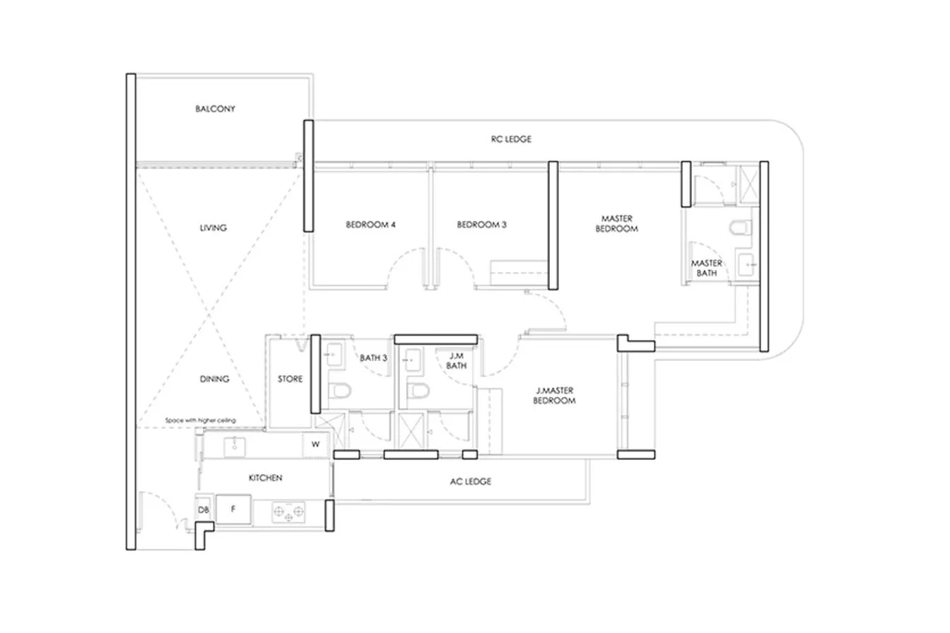 Bedok Rise Residences 4-bedroom indicative layout template — junior master suite, three further bedrooms, store and balcony