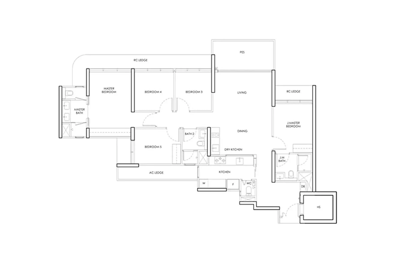 Bedok Rise Residences 5-bedroom indicative layout template — five bedrooms, junior master suite, dry kitchen and helper's room
