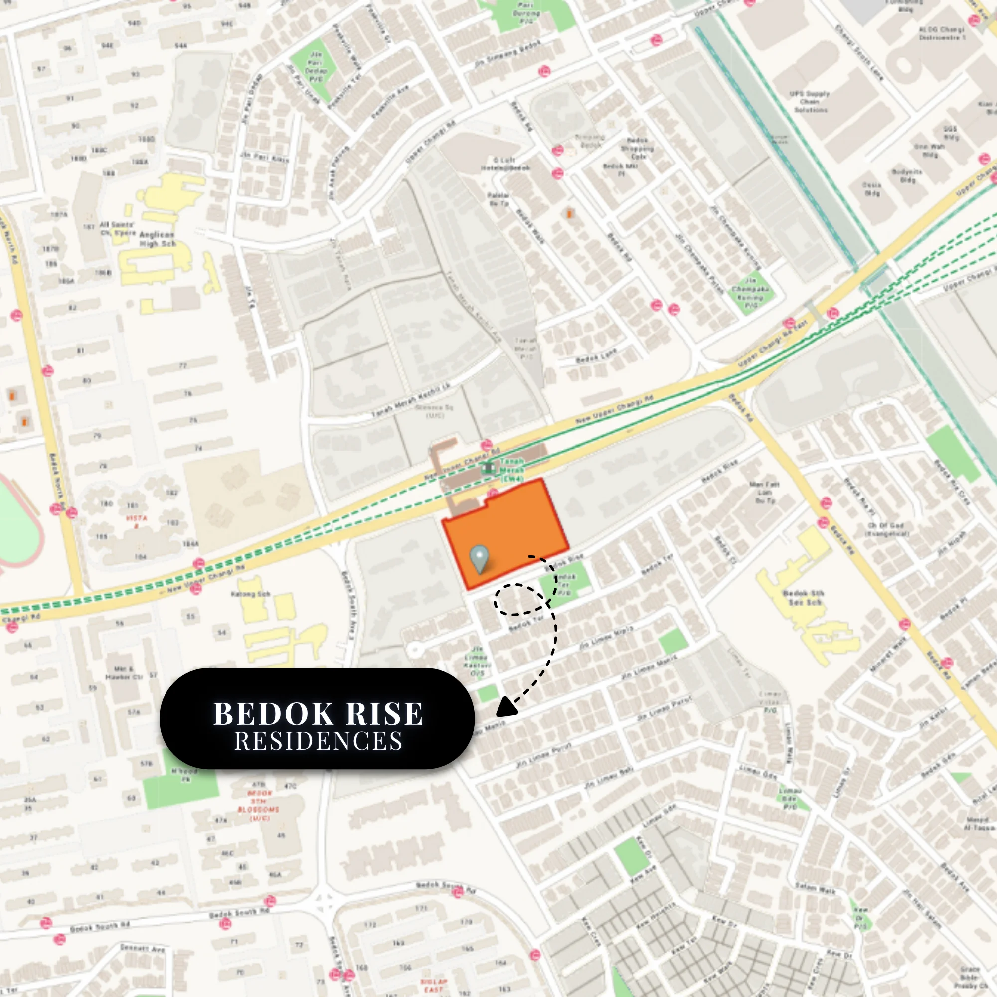 Location map of Bedok Rise Residences — the site outlined along Bedok Rise off New Upper Changi Road, directly south of Tanah Merah MRT (EW4) and Sceneca Square, with Anglican High School, Bedok South Secondary, Bedok Green Primary and the Kew Drive and Jalan Limau landed estates nearby